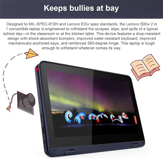 Lenovo ThinkPad Yoga 500w 2-in-1 Laptop 11.6 Touchscreen, Intel Pentium N6000, 8GB RAM, 512GB SSD Heavy Duty & Waterproof for Students & Schools, Webcam, Wi-Fi, IST Pen, Win 11 Pro, Blue
