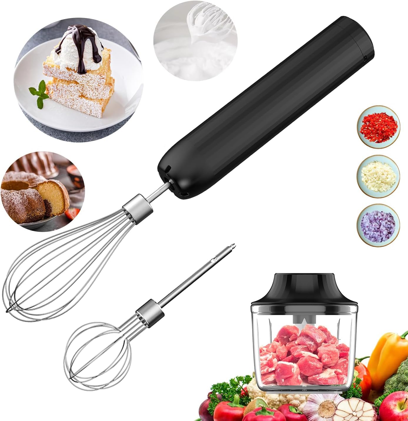 3-in-1 Electric Whisk, Hand Mixer, Small Cordless Hand Mixer, Mini Onion Chopper 300ML, Rechargeable Electric Whisk, Baby Food Processor, Portable Hand Mixer 4 Speeds-image-43