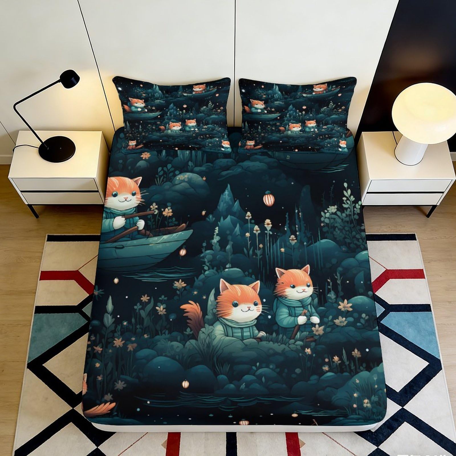 3D Printed Forest Fox Fitted Sheet Microfiber Deep Pocket Non-Slip Bedroom Bedding Forest Fox Mattress Fitted Cover Washable 200x200x25cm 90x200x25cm