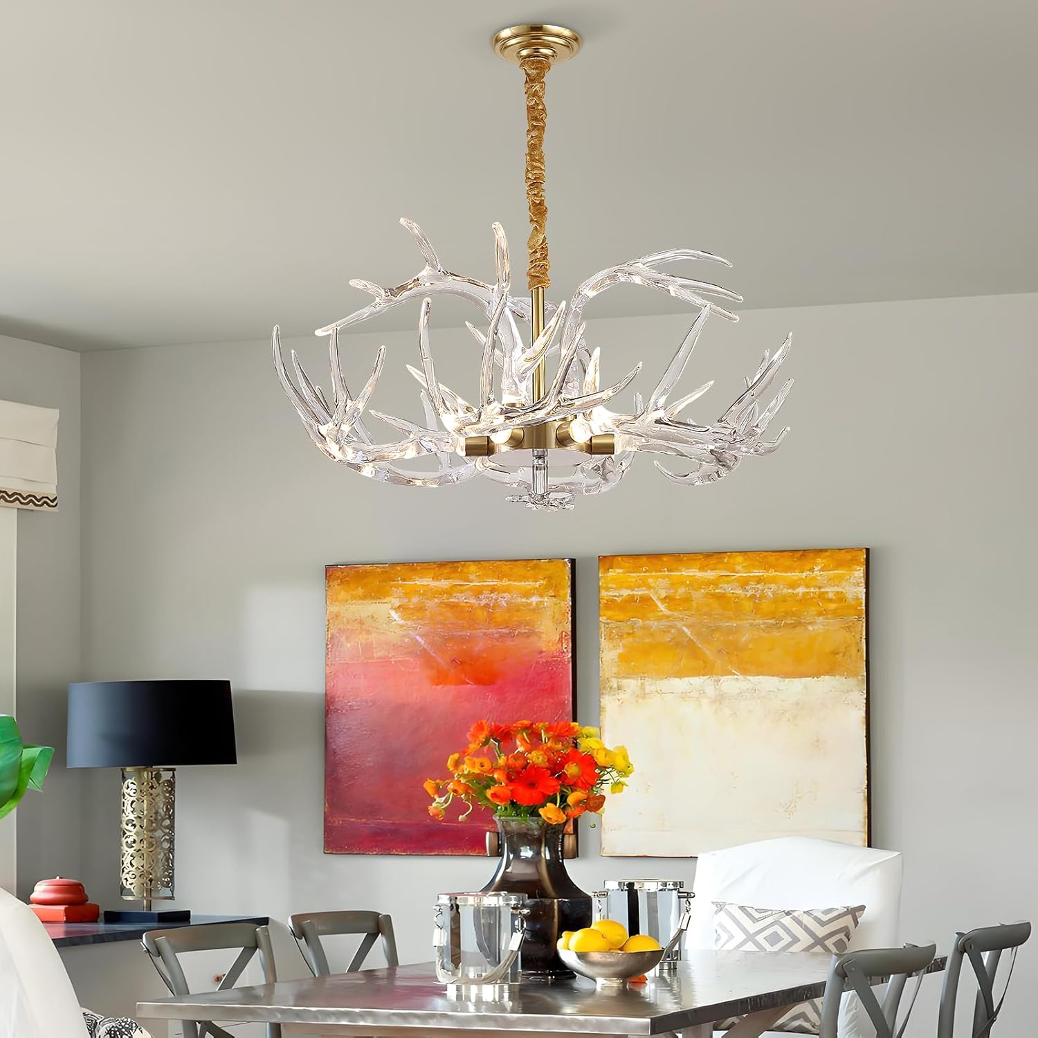 Acrylic Antler Chandelier Ceiling Light Fixtures, Clear Deer Chandelier Lighting, Dimmable Deer Horn Pendant Light Curved Antler & Gold 29.9" Single Tier 9 Lights