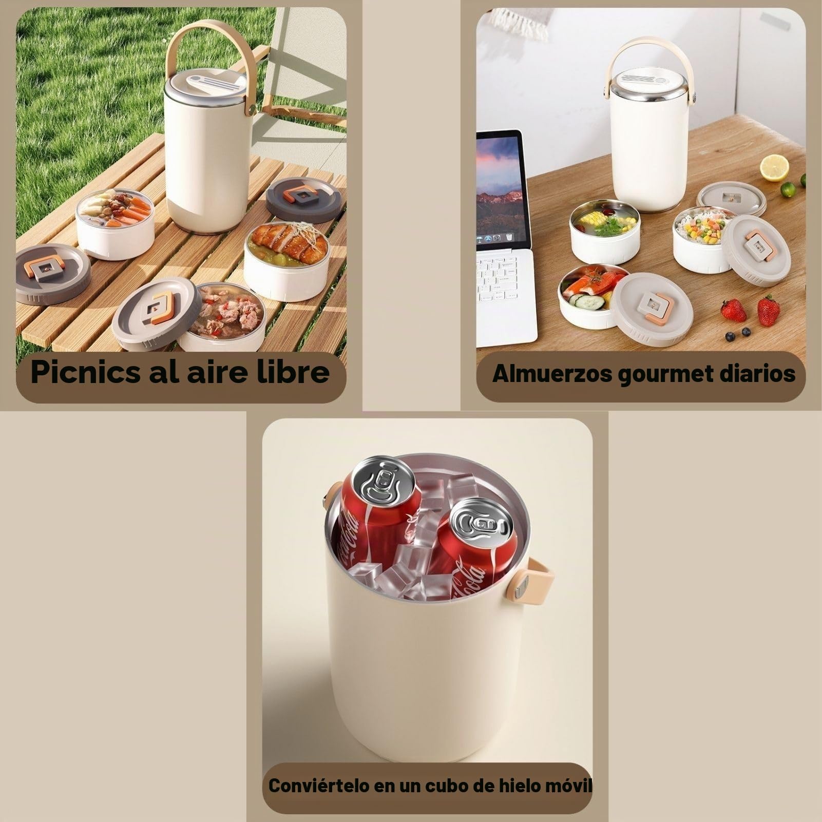 Termo Comida Caliente 2600 ml, Recipiente Térmico para Alimentos de Acero Inoxidable con 3 Compartimentos, Fiambrera Térmica para Oficina, Picnic al Aire Libre (Blanco)