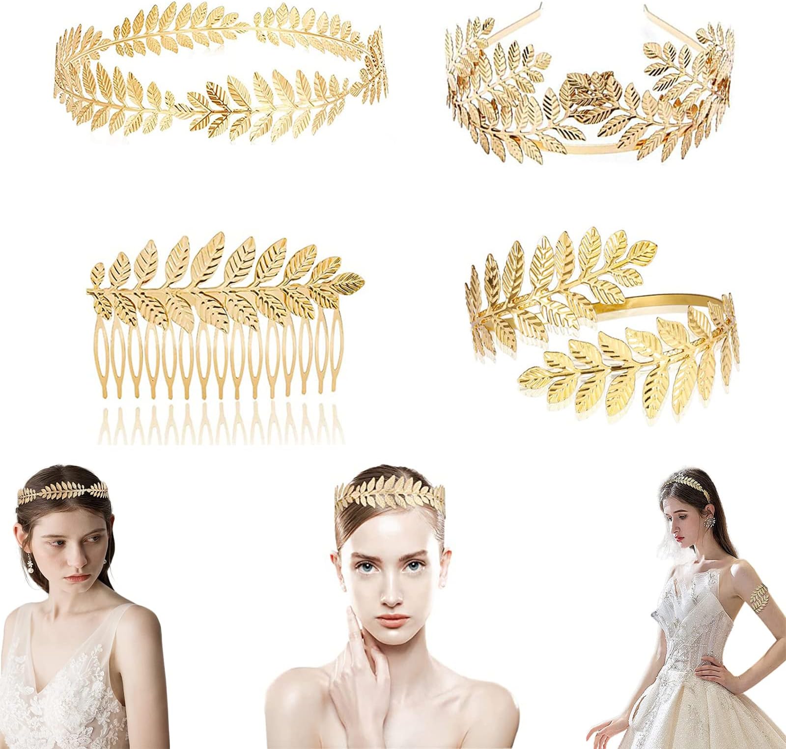 4 Pieces Roman Crown, Roman Laurel Hair Accessories, Greek Crown, Goddess Crown, Greek Goddess Headbands, 4 Pieces, Hairband, Hair Ring, Haircomb, Bracelet, Greek Headband