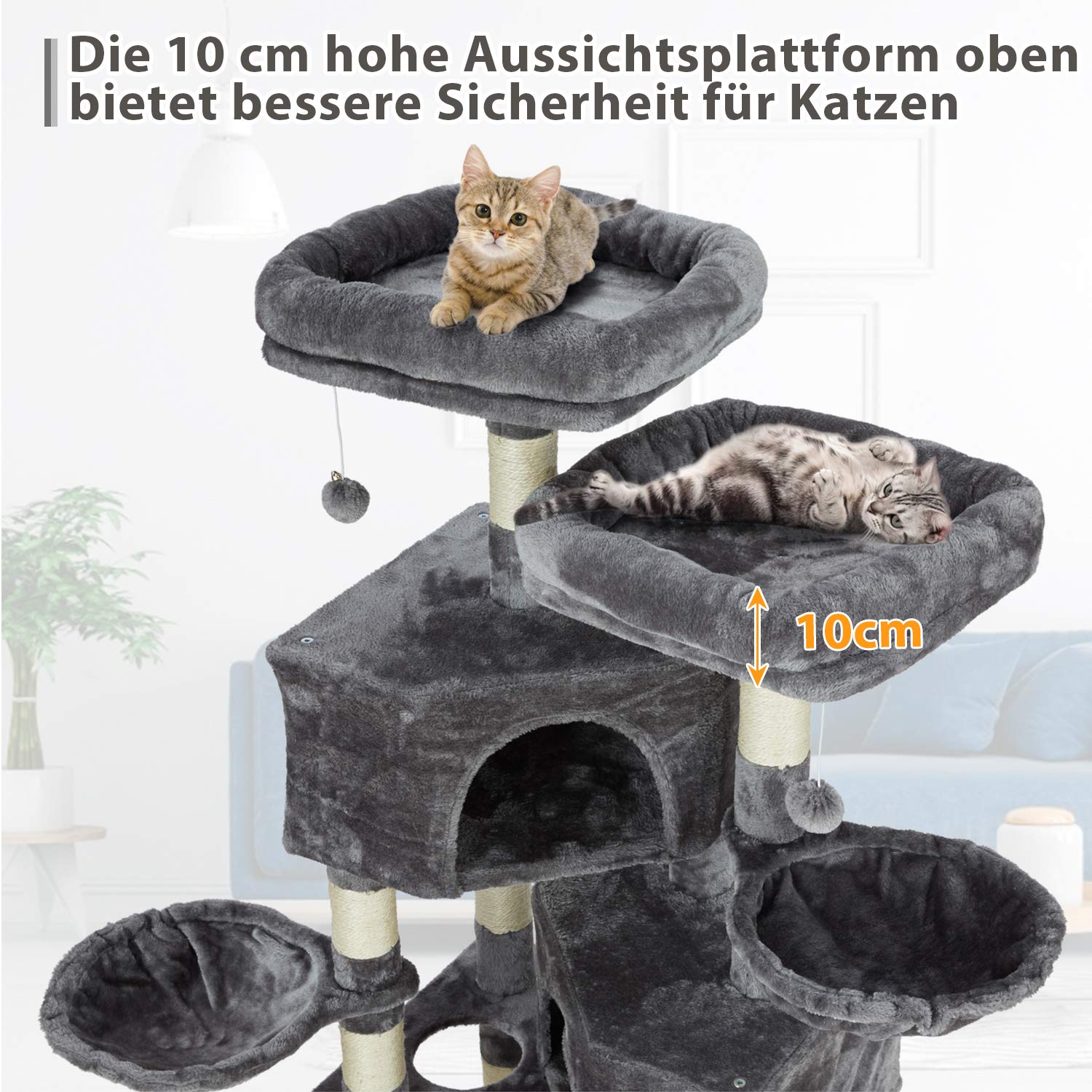 MSmask Stabiler Kratzbaum, Kratzbaum groß mit 2 Plattformen, Katzenbaum für Große Katzen, mit großer Höhle, Sisalstämme, Natur Sisal Katzenkratzbaum, Hellgrau