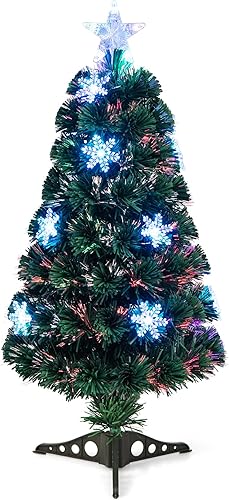 Goplus Árbol de Navidad de fibra óptica preiluminado de 6 pies, árbol completo de Navidad artificial con coloridas luces LED de copo de nieve, 220