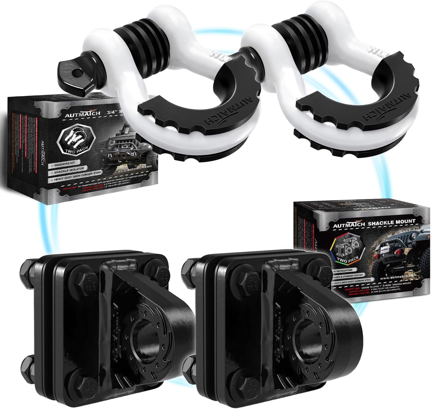 AUTMATCH 3/4" D Ring Shackles with Shackle Mount, Bolt On Clevis Mount Bumper Shackle Bracket, Use with Tow Strap, Winch, Off-Road Vehicle Recovery Truck, White