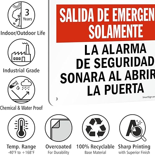Miniatura 4 de SmartSign Letrero bilingüe "Solo salida de emergencia la alarma de seguridad sonará si la puerta está abierta", plástico de 10 x 14 pulgadas