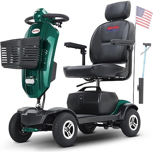 Metro Mobility 4 Wheel Folding Mobility Scooters for Seniors - 300 lbs Capacity Electric Mobility Scooter for Adults, Travel - Long Range Power Extended Battery & Freewheel Mechanism - Emerald