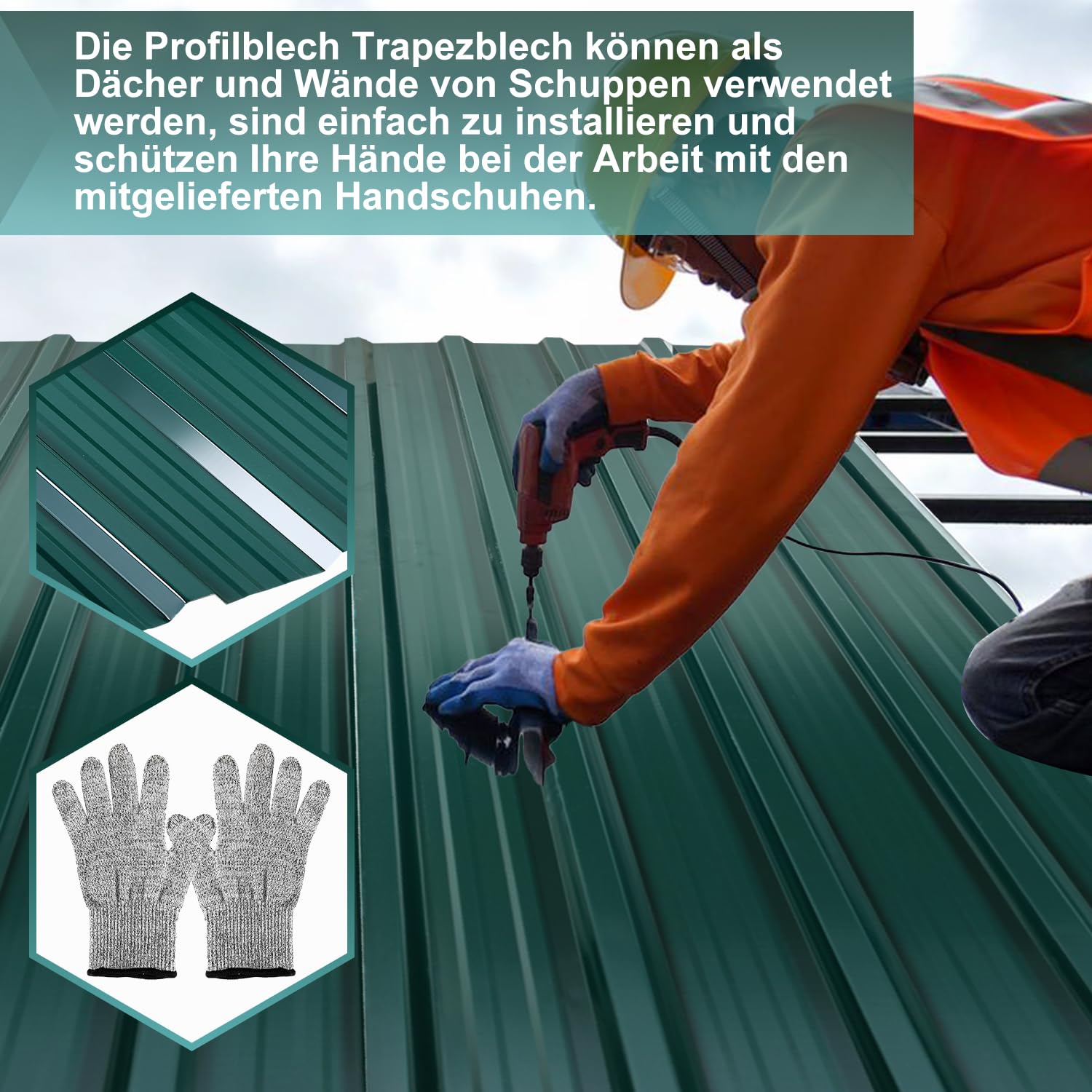 12 fogli trapezoidali, 129 x 46 cm, 7 m², lamiera ondulata zincata, 0,25 mm, resistente alla ruggine, con guanti, lamiera ondulata per tetto, colore: verde