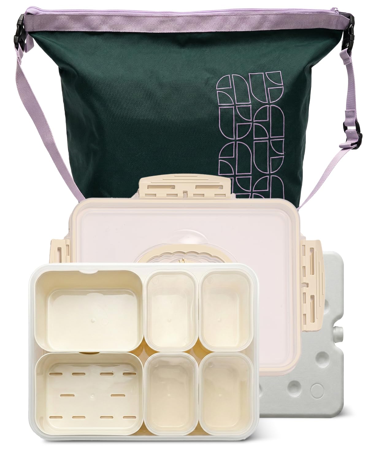 Snackbox Creamy White z przegródką ociekową, przenośna snackle box z torbą termoizolacyjną i wielorazowym wkładem chłodzącym, 6 wyjmowanych przegródek (2 duże + 4 małe) osobnymi pokrywkami