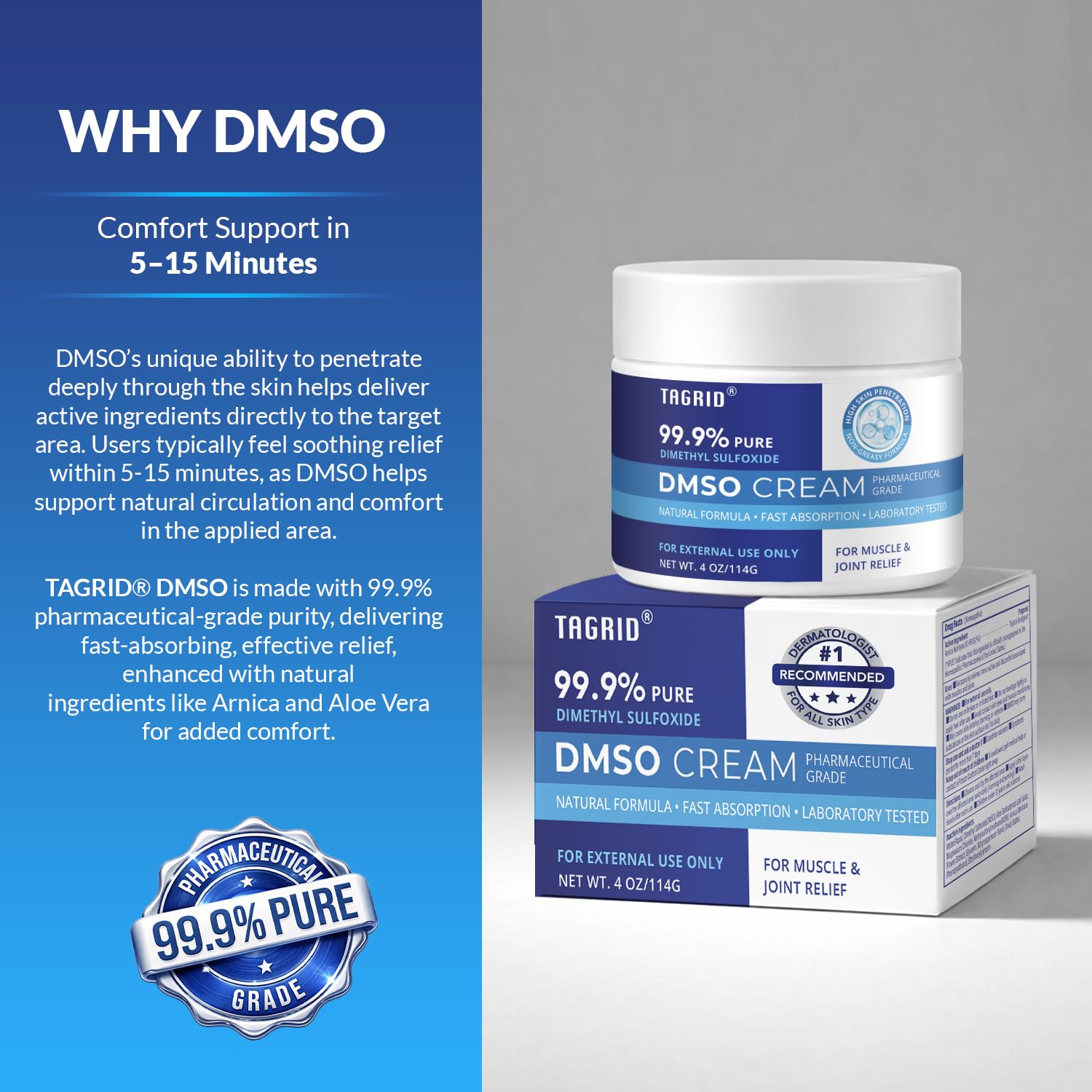 TAGRID DMSO Cream Pharmaceutical Grade: 99.9% Pure DMSO with Magnesium, Arnica & Aloe Vera for Muscle and Joint Pain Relief - Fast Acting Topical Cream for Body Wellness (4 Oz (Pack of 1)) — view 4