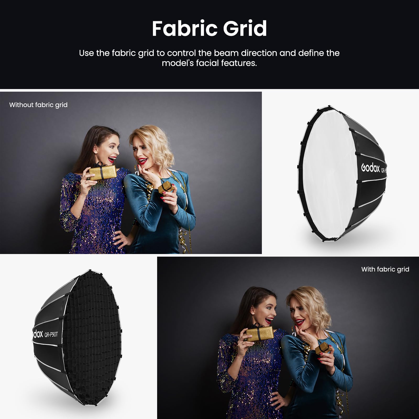 GODOX Godox QR-P90T Softbox parabolico a sgancio rapido con griglia a nido d'ape, supporto Bowen con borsa da trasporto per diffusore anteriore e interno per Godox MS300 MS300-V SK400II QT400III QT600