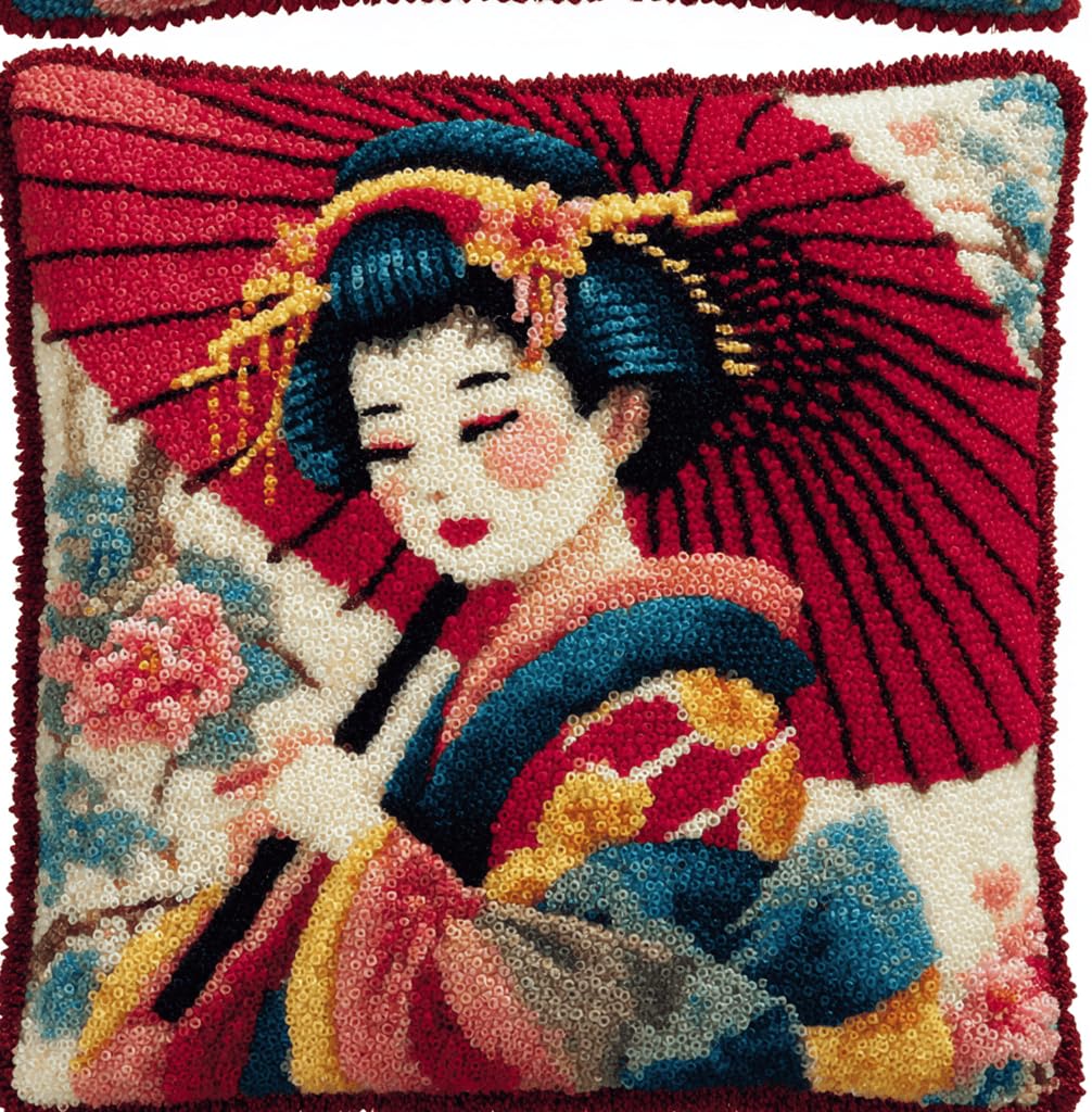 Taxpy Kit Pre-Printed Hook and Latch Rug Kits Japanese Geisha Latch Hook Cushion Kit for Adults Beginners Cross-Stitch Embroidery Cushion Cover for Home Sofa Decoration 17X17 Inch