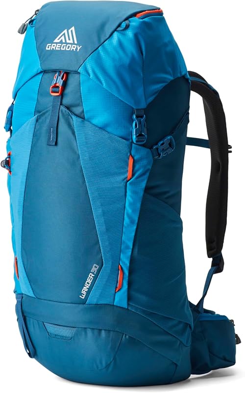 Wander 30L Youth Hiking Backpack, One Size Fits All, Pacific Blue | Front stretch mesh pocket with durable fabric panel, Hydration sleeve with universal hydration hanger