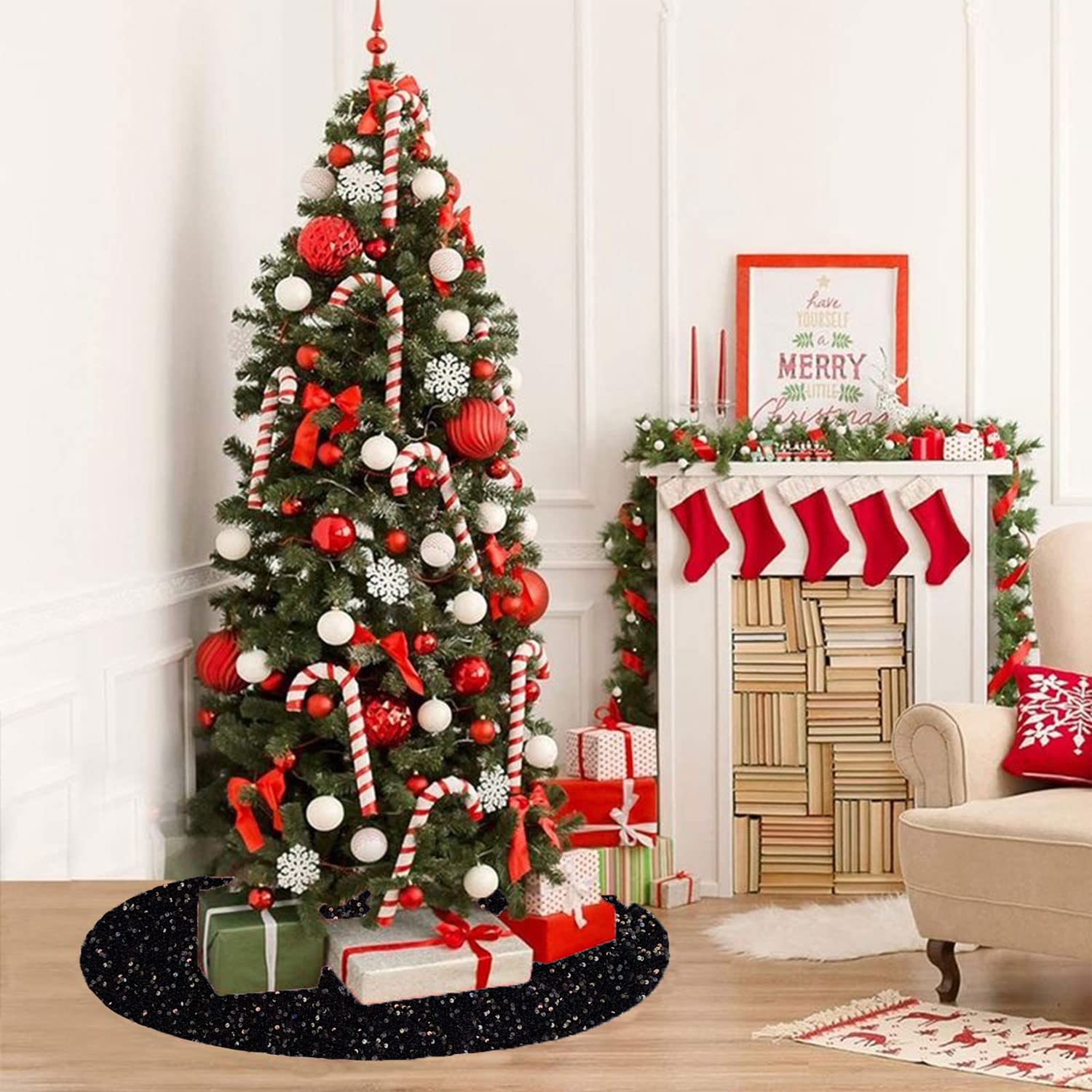 Gonna Per Albero Di Natale In Velluto Nero Con Paillettes, 116 Cm, Copripiede Elegante Spessa Con Chiusura A Strappo, Decorazione Natalizia