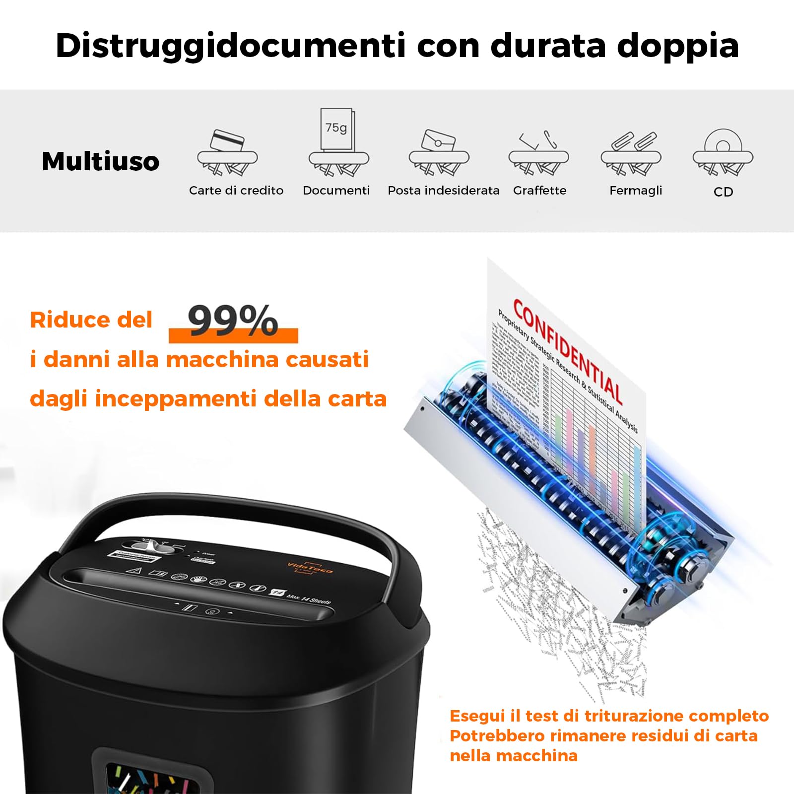 Tritacarte Distruggi documenti ufficio, VidaTeco Trituratore a 14 Fogli a Taglio Incrociato con Funzione Distruggi CD e Carte di Credito, Design con Impugnatura Portatile e Cestino da 25 litri