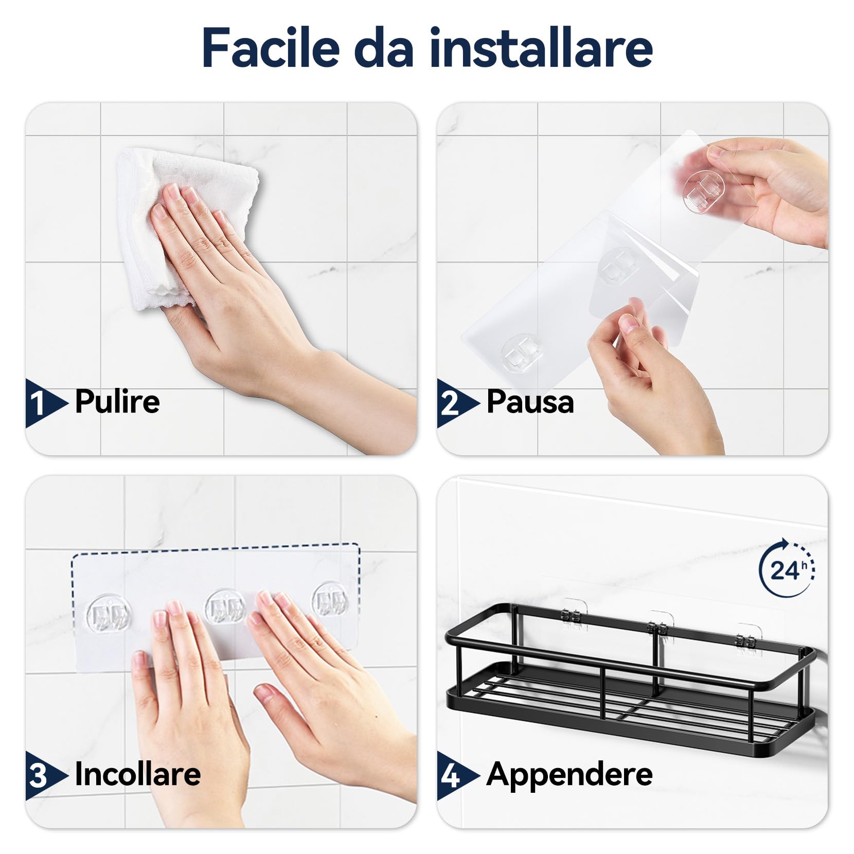 YASONIC 3 Pezzi Mensola doccia senza foratura, portaoggetti doccia con 4 ganci removibili, Organizer bagno con Portasapone doccia, Autoadesivo Mensole Bagno Organizzatore, Nero
