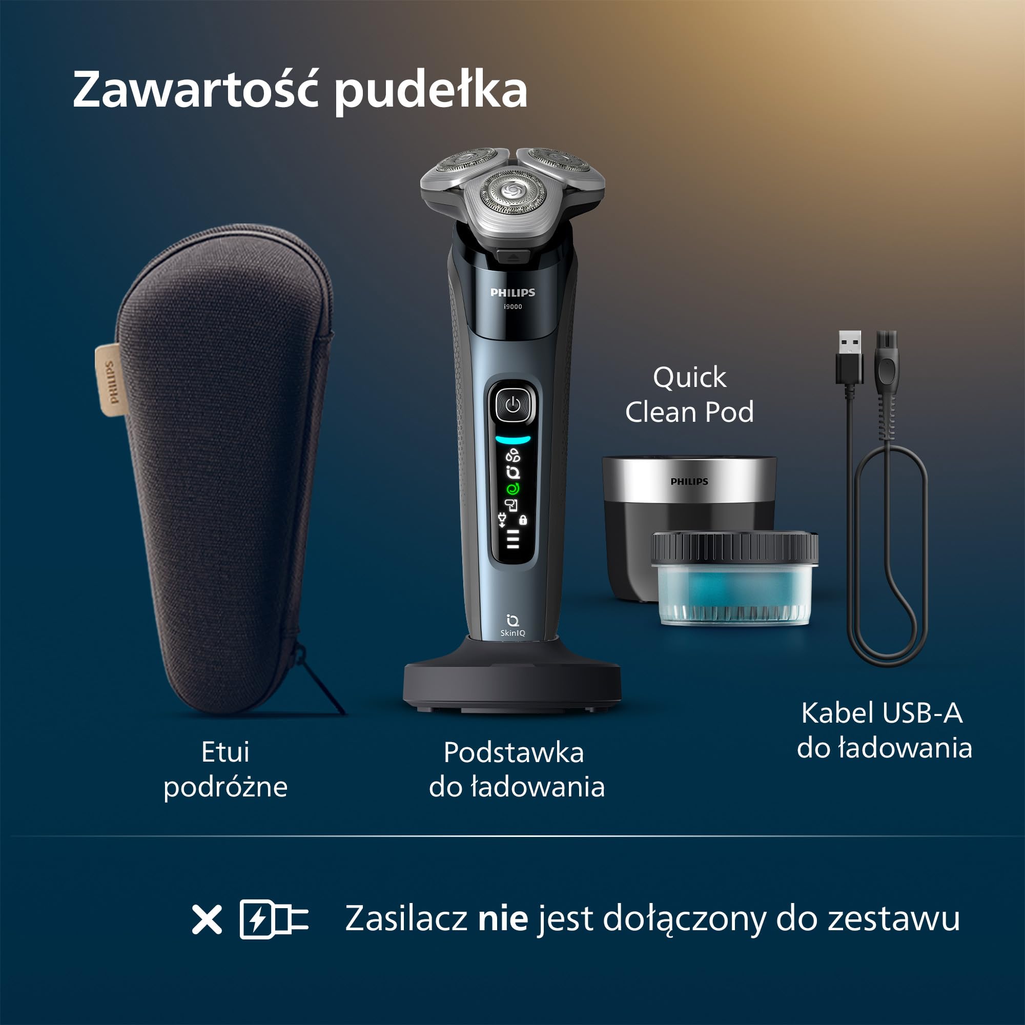 Philips Shaver i9000, Golarka elektryczna do golenia na mokro i na sucho, technologią Skin IQ, systemem Triple Lift & Cut, 360 Obrotowe podwójne ostrza SteelPrecision, Quick Clean Pod, X9001/30