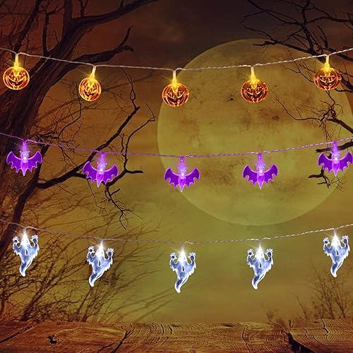 Juego de 3 luces de Halloween (20 luces LED naranjas, murciélagos morados, fantasmas blancos), cadena de luces funciona con pilas para decoraciones