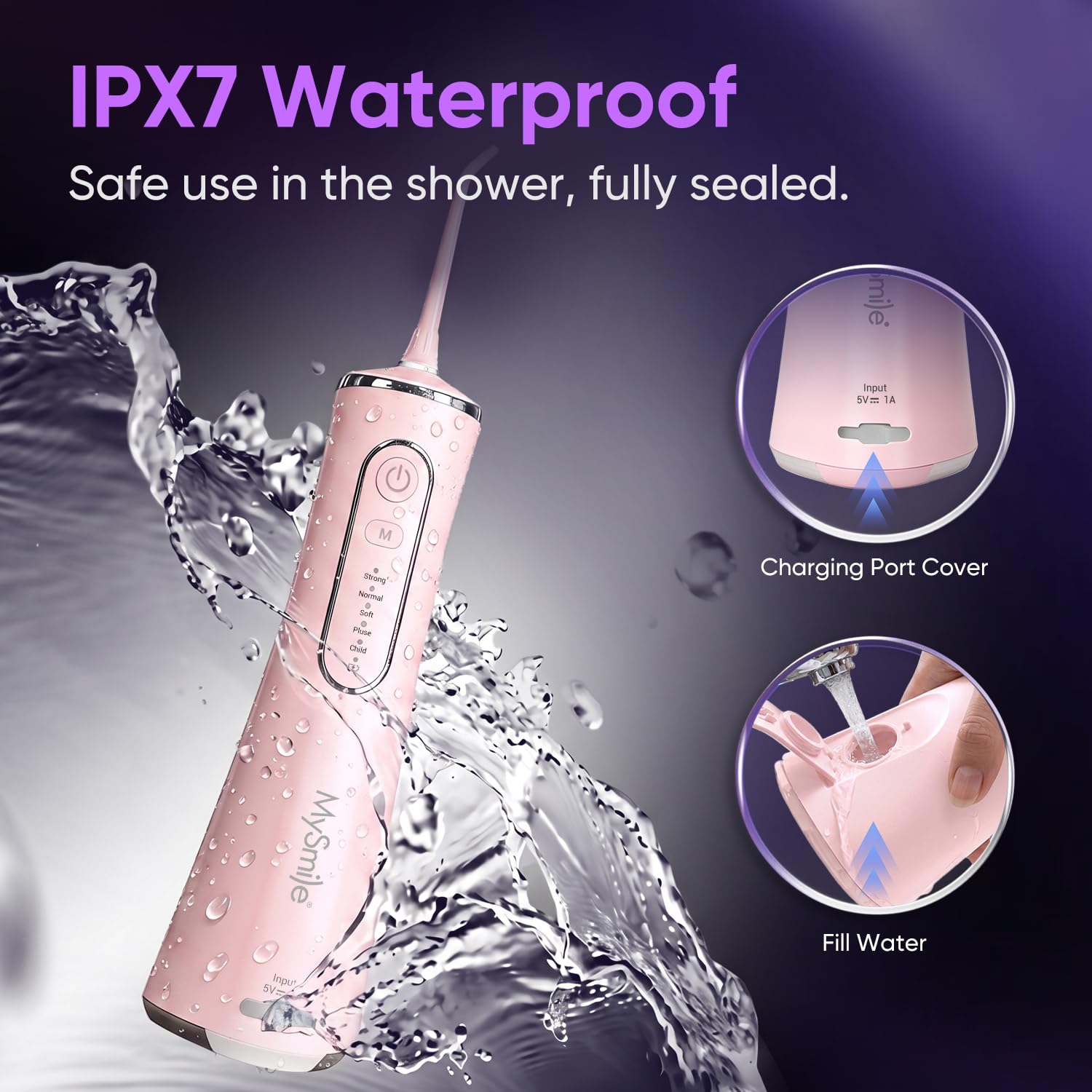 MySmile LP211 - Idropulsore senza fili, portatile, ricaricabile, per la pulizia dei denti, 5 modalità di pulizia, impermeabile IPX7, 8 punte di ricambio e una custodia (rosa succoso)