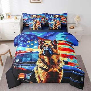 7 Pieces Queen Size German Shepherd Dog Comforter Set,American Flag Police Car Bedding Set for Boys Men,Tie-dye Graffiti Animal Pet (Comforter+Fitted+Flat Sheet+2 Pillowcases+2 Throw Pillow Covers)