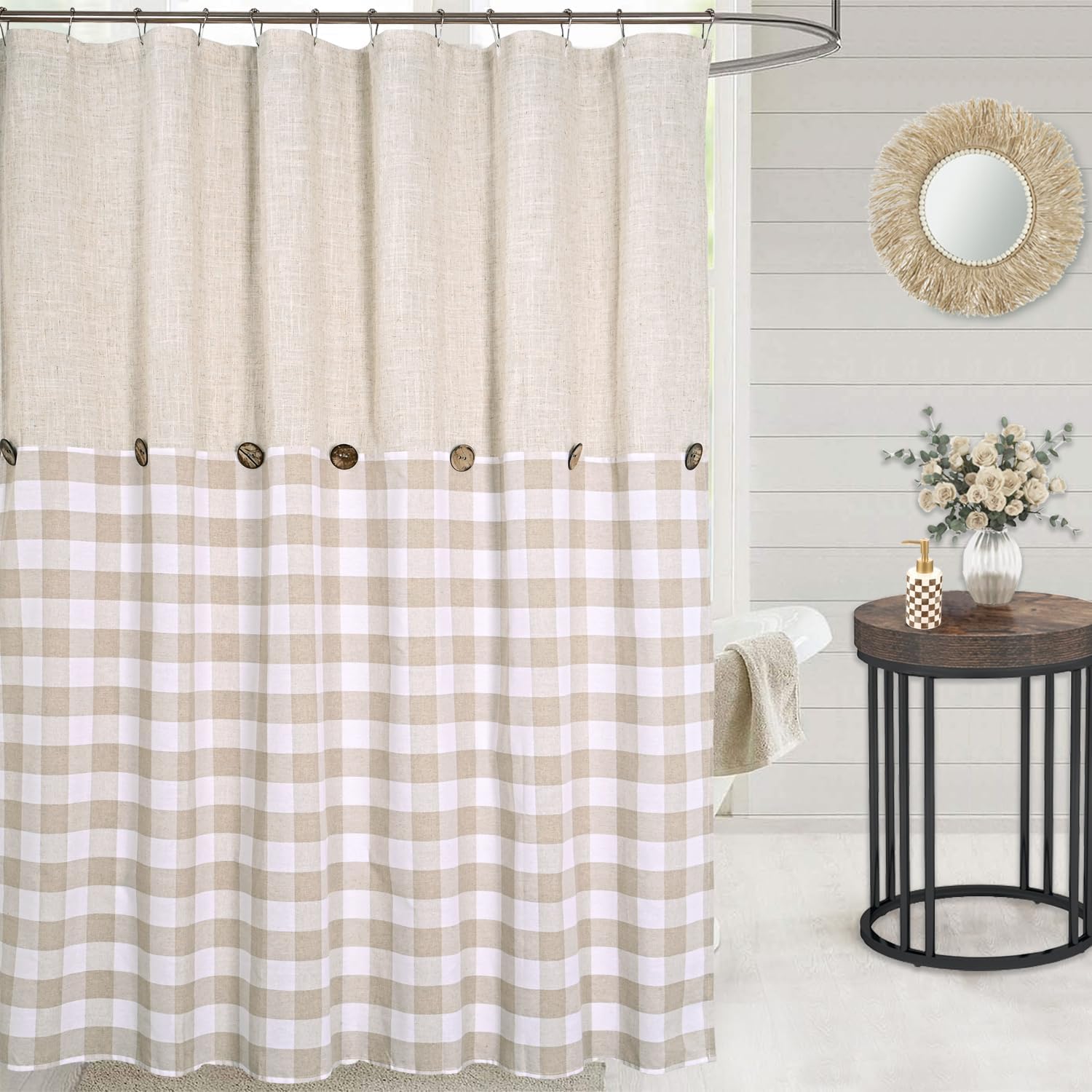 DOSLY IDÉES Linen Button Farmhouse Shower Curtain,Linen and Cotton Fabric,Pleated Brown and Beige Plaid Checked Pattern,Country Style,72x72 in