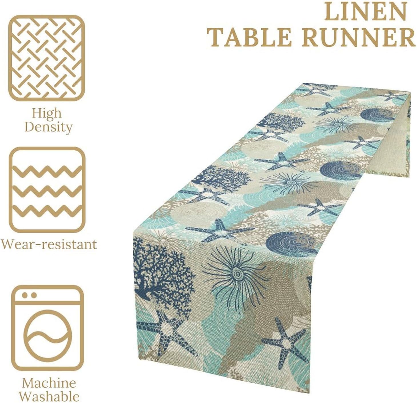 Starfish Conch Coral Table Runner,Nautical Shell Summer Sea Art Table Decor for Dresser Coffee Table Dining Indoor Kitchen Party Wedding Holiday Picnic Party Camp Decoration 13×120in