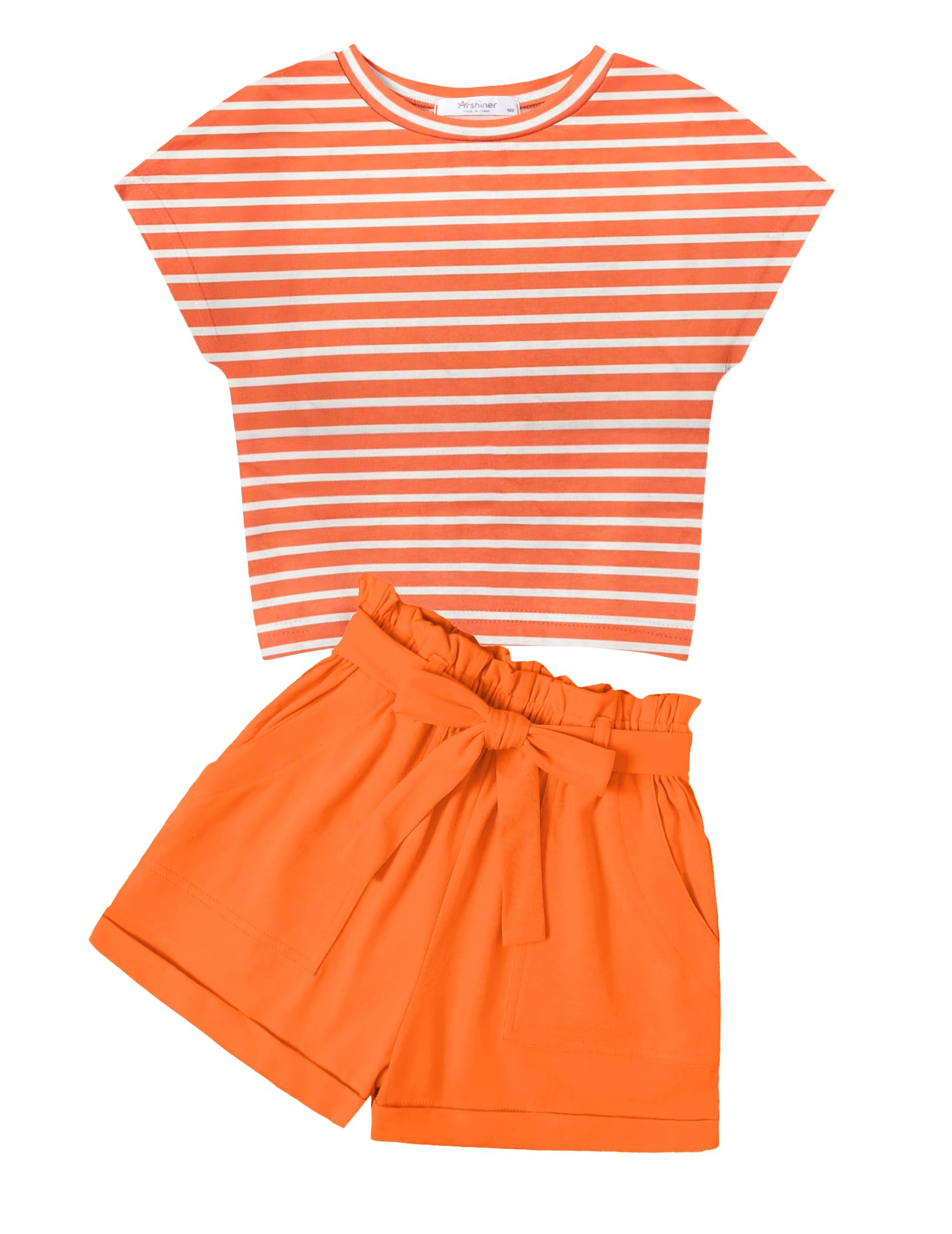 Arshiner Girls 2 Piece Outfit Drop Shoulder Sleeve Tops Paperbag Shorts Set | Summer Clothes, for 6-14 Years, Crew Neck, Hight Waist, Cute Clothing, with Pockets