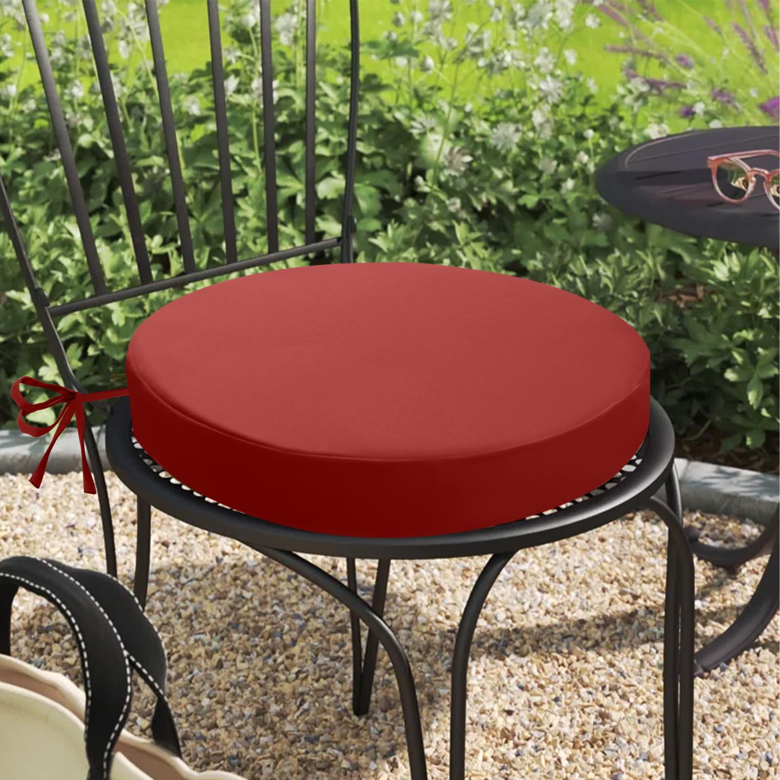 Lot de 2 coussins de chaise d'extérieur ronds imperméables pour extérieur, grand teint, avec rubans, pour meubles de terrasse, 35 x 35 cm, bleu (rouge, 35 x 35 x 7 cm)