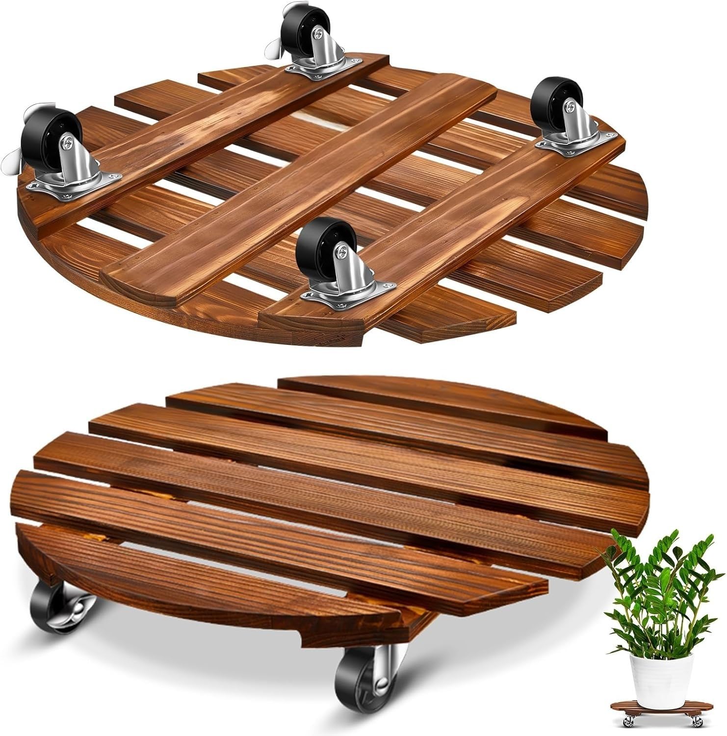 Kaheign Brown 2Pcs Wooden Plant Caddy With Wheel, 30Cm Round Rolling Plant Stand Heavy Duty Mobile Holder Plants Dolly With Metal Lockable Caster Wheel For Indoor Outdoor Garden Flower Pot