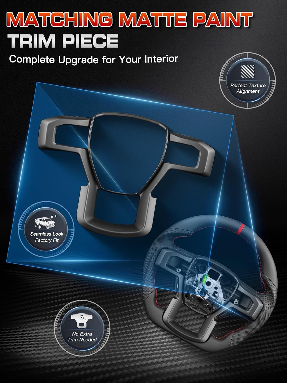 Full Leather Steering Wheel for Ford F-150 Raptor 2017-2020 Gen 2, Heated Compatible, D-Shaped Flat Bottom, Perforated Leather Grip, Red Stripe & Stitching, Matching Matte Accent