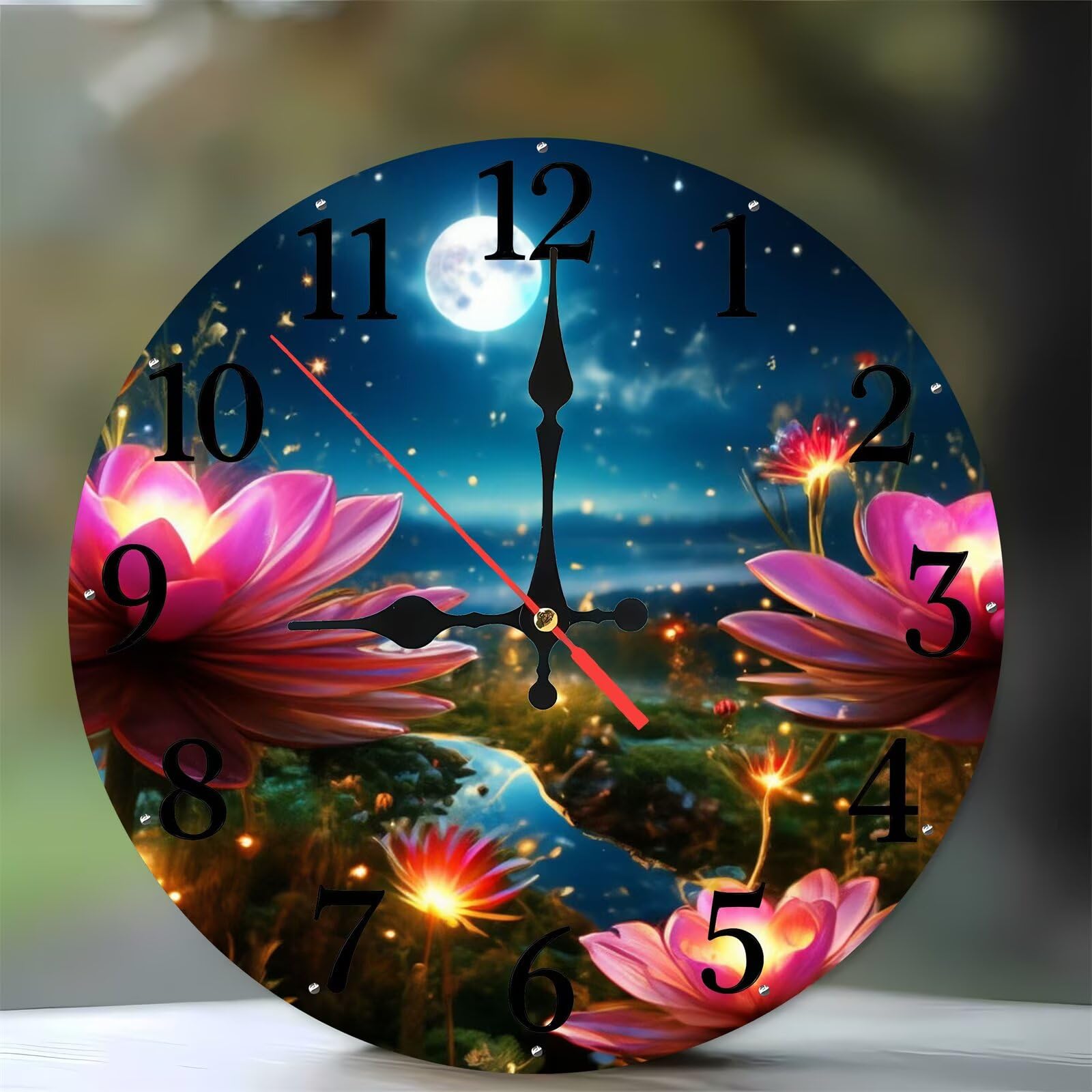 Horloge murale en bois décorative de 35 cm au motif lune et fleurs