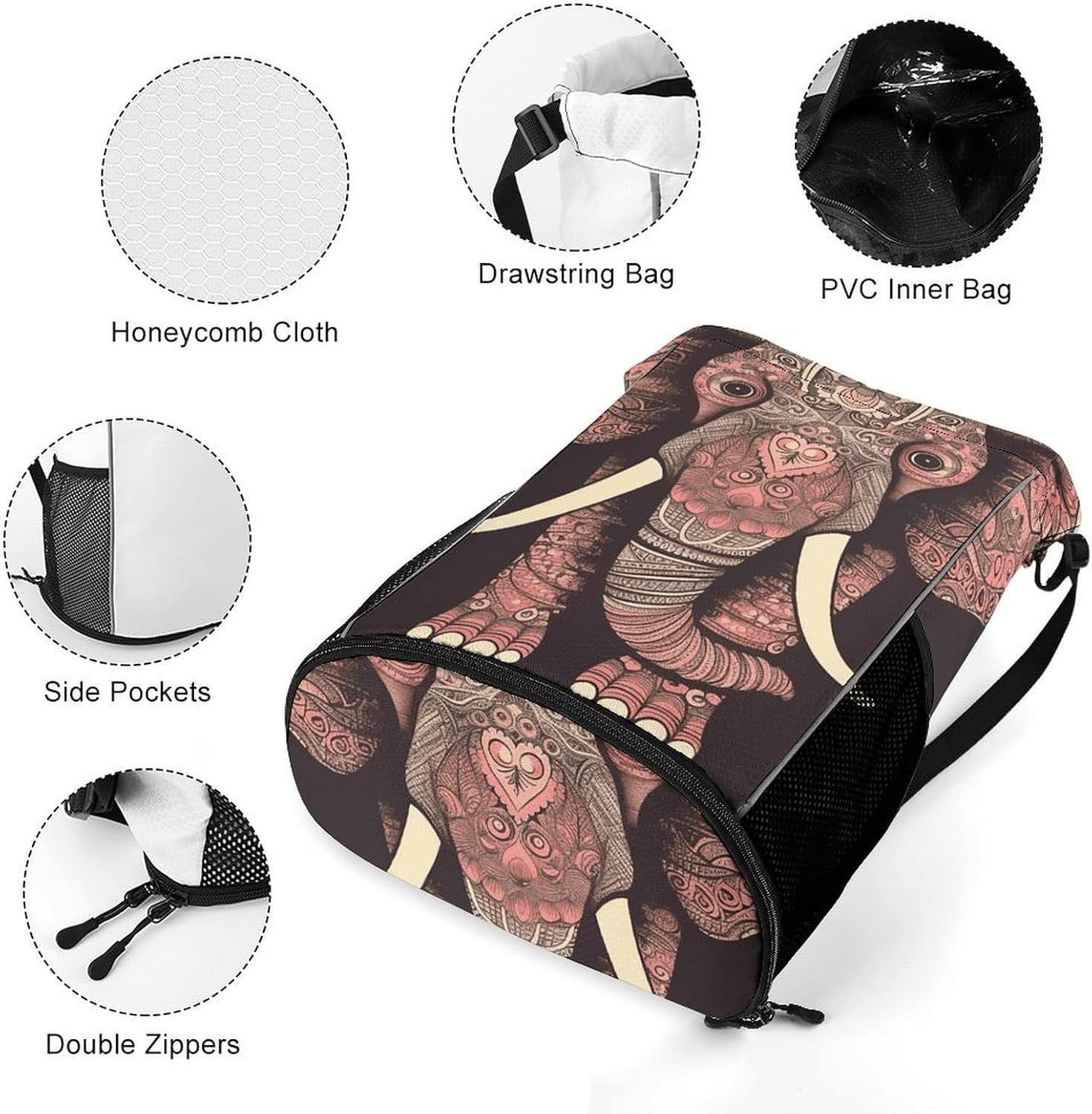 Drawstring Backpack Sports Gym Swim Bag with Shoes Compartment Heart Shaped Elephant Stuff Sack