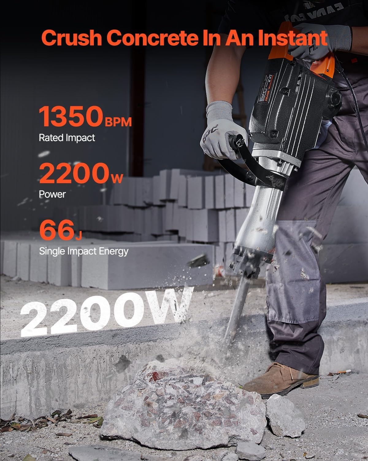 Łamacz betonu, Młot udarowy do betonu 2200 W, 1350 uderzeń na minutę, wytrzymały elektryczny młot udarowy, 4 sztuki dłut z etui, czarny