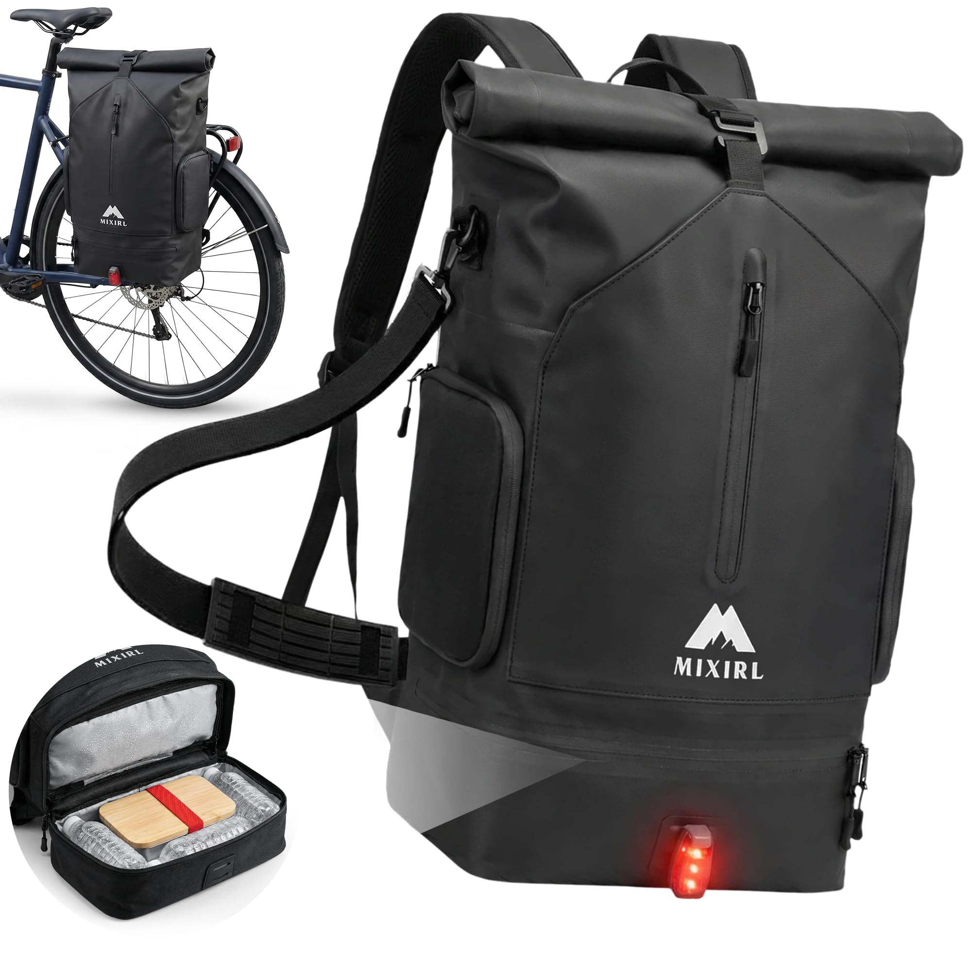 MIXIRL 3in1 Fahrradtaschen für Gepäckträger mit Rucksack 100% Wasserdicht 30L I Kühlfach I Gepäckträgertasche Reflektierend Laptopfach Tasche fürs Fahrrad (Black-Pearl) Sport & Freizeit