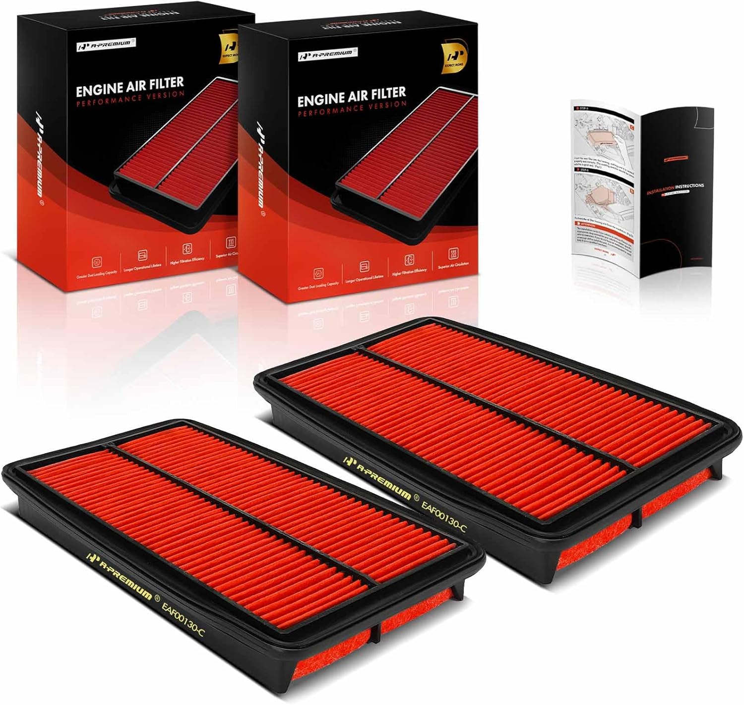 A-Premium 2-PC Pre-oiled Engine Air Filter Compatible with Honda Pilot 2009-2015 3.5L, Odyssey 2005-2010 3.5L & Acura MDX 2007-2009 3.7L, Replace# SA10013, 17220RGLA00
