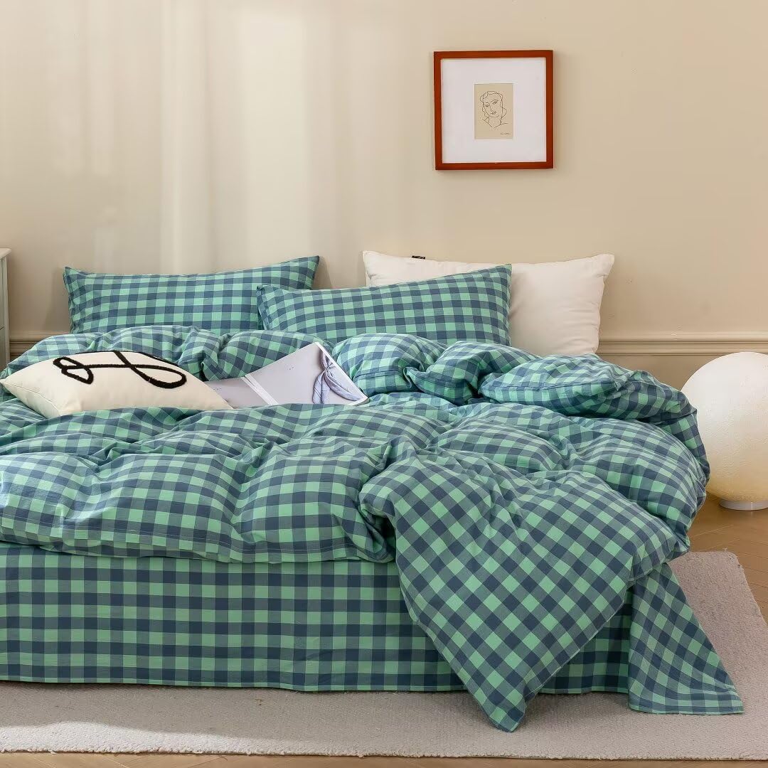 MKXI Moss Green &amp; Navy Checkered Duvet Cover Set 3-Piece Washed Cotton Reversible Bedding Queen Soft Vintage Plaid Design with Zipper Closure &amp; Corner Ties