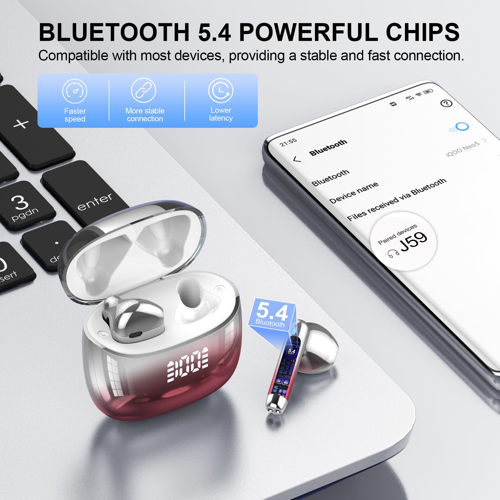 Bluetooth Wireless In Ear Headphones, Bluetooth 5.3 Headphones with LED Display, Lightweight Design, Burgundy - 2