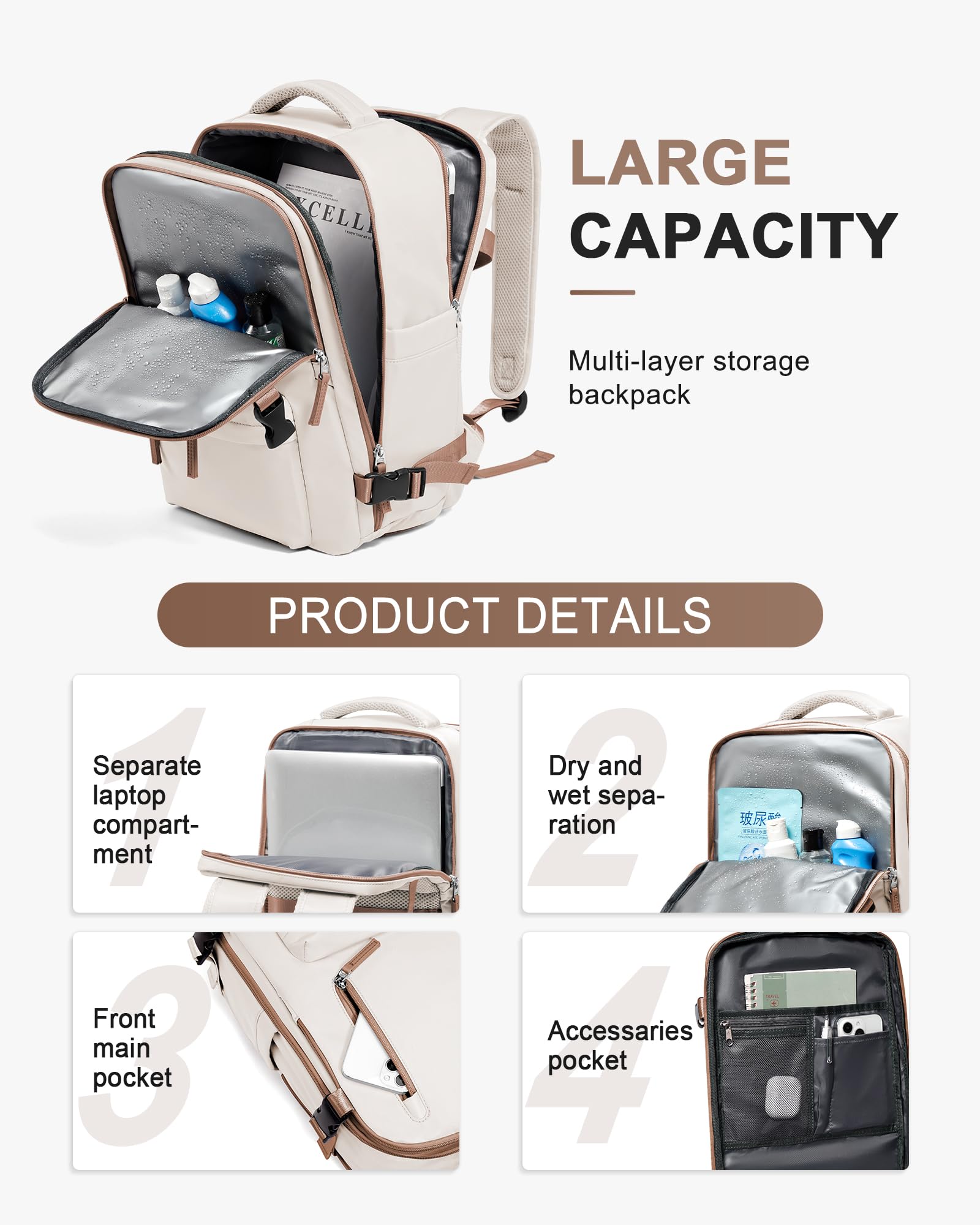 Zaino da Viaggio per Ryanair 40x20x25 Bagaglio a Mano Zaino Borse da Cabina per Ryanair Il Sedile Zaino Aereo Bagaglio a Mano Donna Borsa Cabina Viaggio Zaino Viaggio Casual Daypack,Marrone giallastro