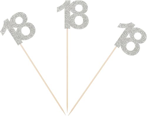 Paquete de 10 palitos plateados con purpurina para centro de mesa de cumpleaños número 18, decoración de letras de edad