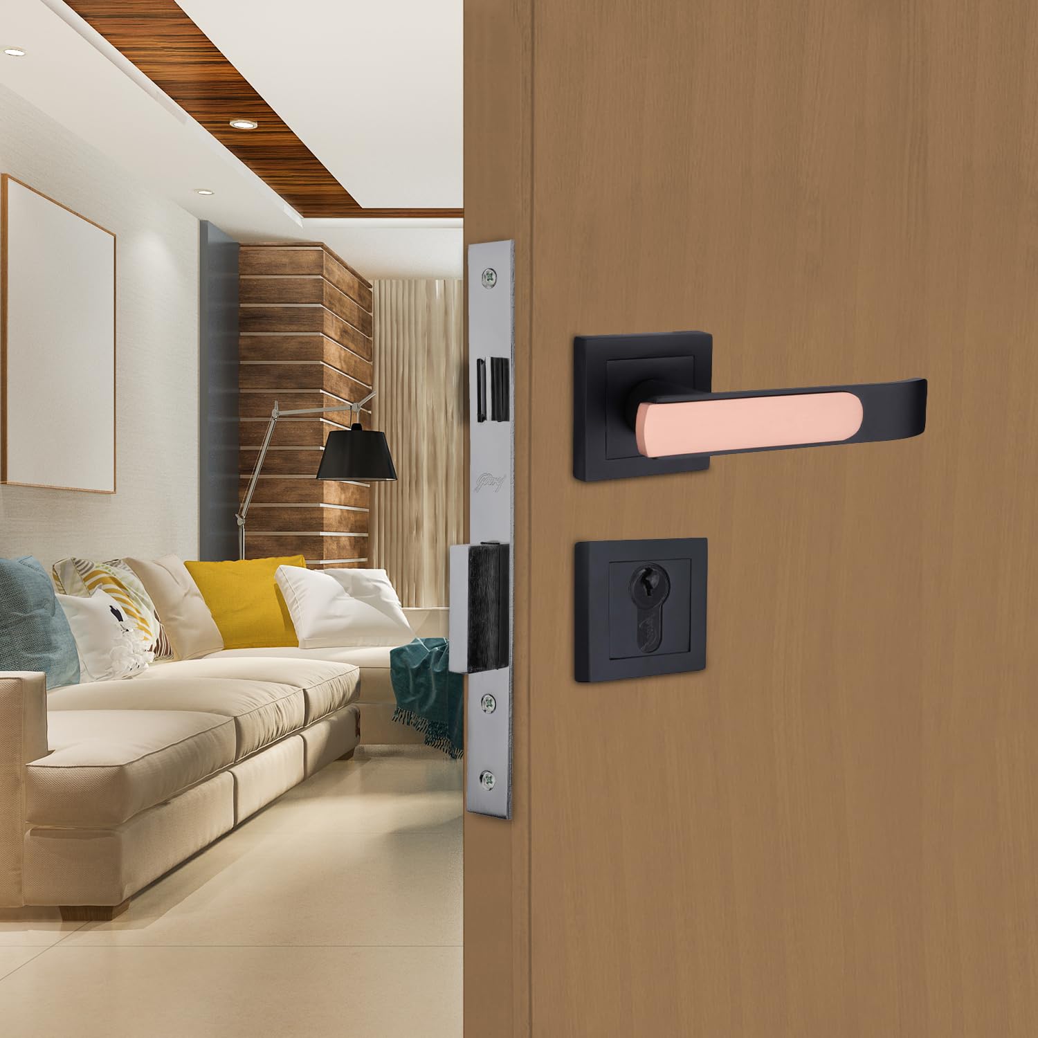 Godrej Mortise Lock | Handle Lock Set for Main & Internal Doors | Gloria Home Décor Handle | Matte Black Rose Finish | 9 Inch Lockbody | 60mm 1CK Cylinder Knob from Inside Key Outside | 3 Keys-image-2