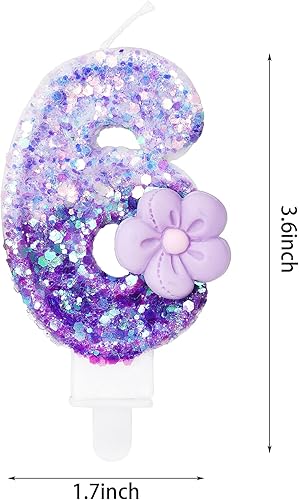 Miniatura 2 de Velas número 6, velas de cumpleaños con número de flor morada para pastel, velas de números morados que crean un ambiente romántico y cálido