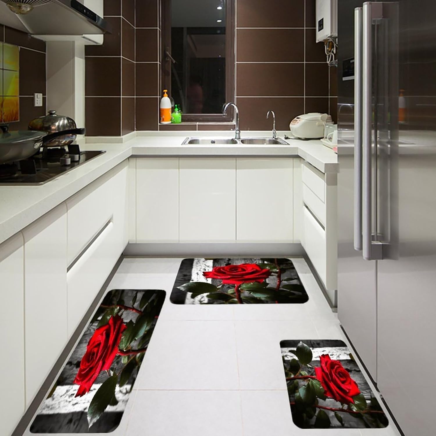 Blooming Red Rose Kitchen Rugs Sets of 3 Washable Non Slip Kitchen Rug Water Resistant Carpet Piece Anti Fatigue Kitchen Mats Soft Comfort Standing Mat Modern Area Rug