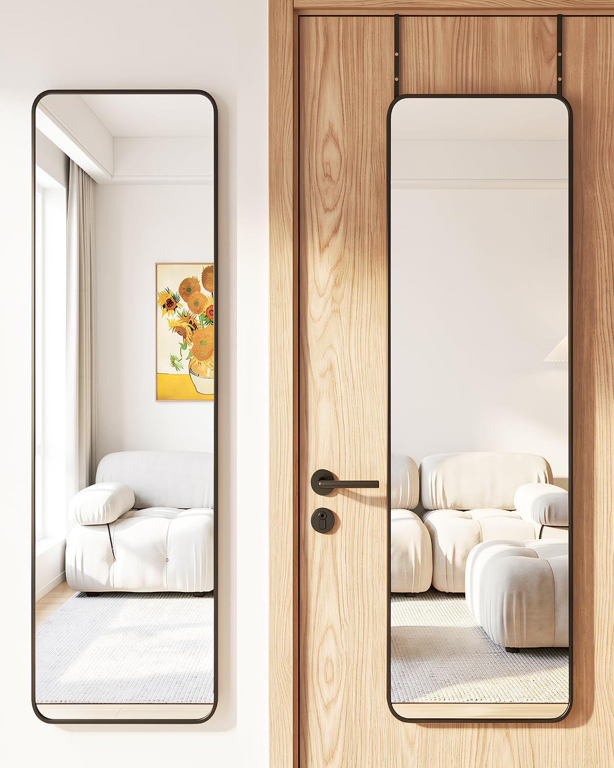 Antok 48"x14" Over the Door Mirror, Full Length Mirror Door Hanging with Aluminum Metal Frame, Rectangle Wall Mounted Body Mirrors for Bedroom, No-Drill Space Saving Dressing Mirrors, Black
