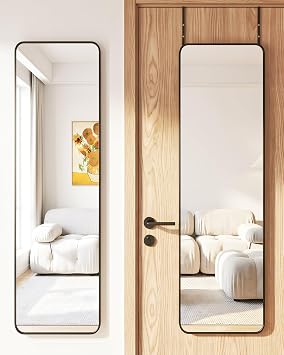 Antok 48"x14" Over the Door Mirror, Full Length Mirror Door Hanging with Aluminum Metal Frame, Rectangle Wall Mounted Body Mirrors for Bedroom, No-Drill Space Saving Dressing Mirrors, Black