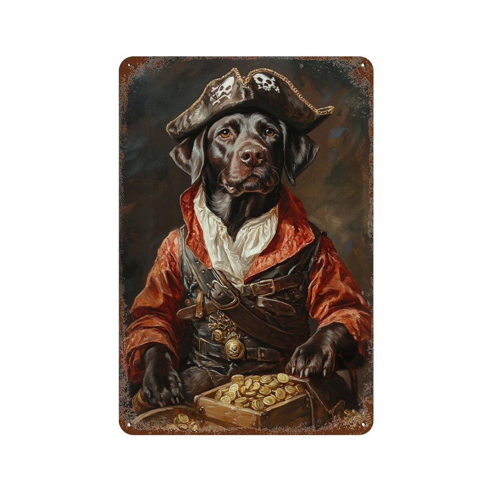 Pirate Dog Treasure Chest-70 Distressed Metal Wall Sign 11.8"x7.9", Shabby Chic Decor for Garage, Pub Or Kitchen
