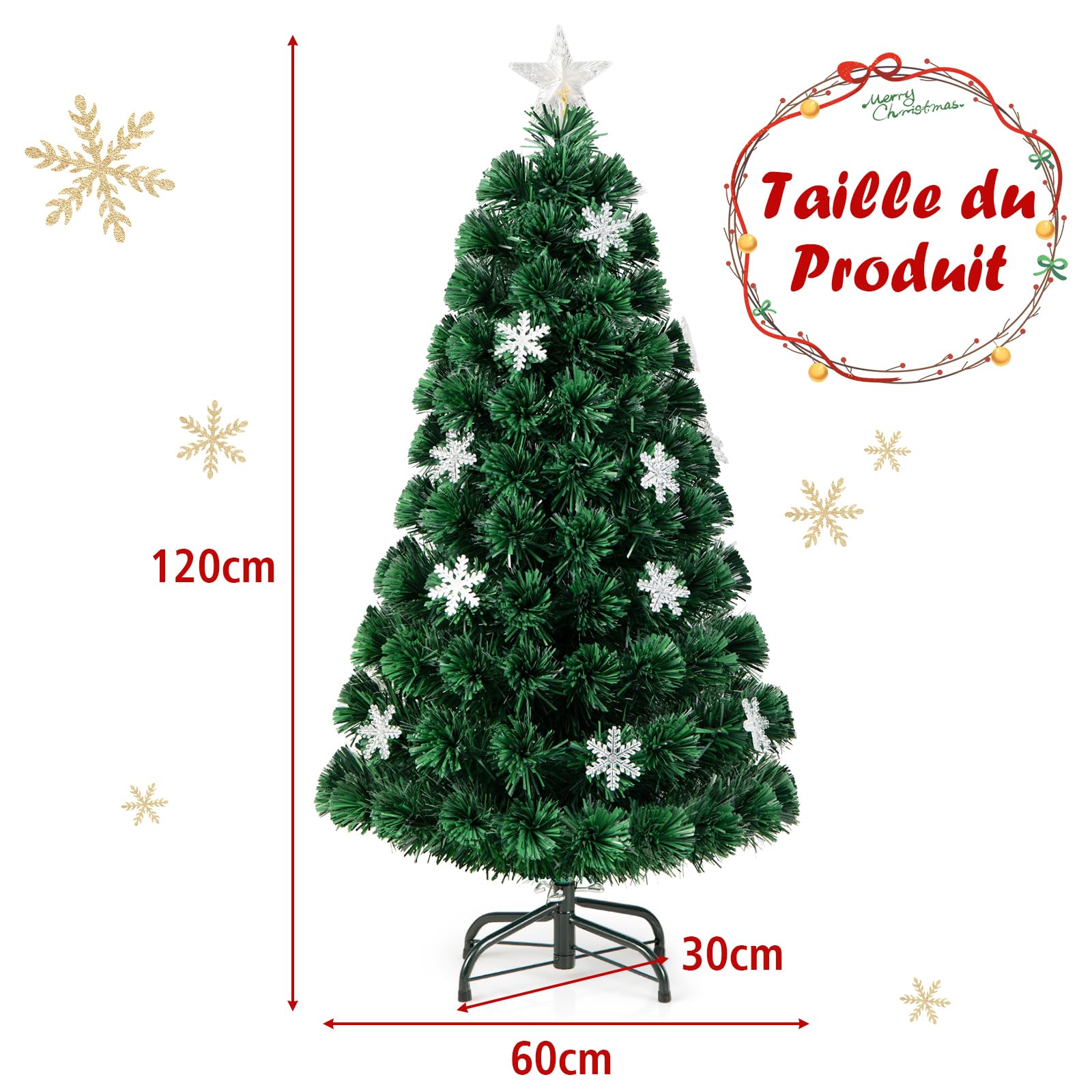 DREAMADE Sapin de Noël Artificiel 90CM/120CM/150CM/180CM avec 12/18/24/28 Lampes à LED, Arbre de Noël en PVC avec Flocon de Neige, Etoile au Sommet d’Arbre et Pieds en Fer, Vert (120cm)