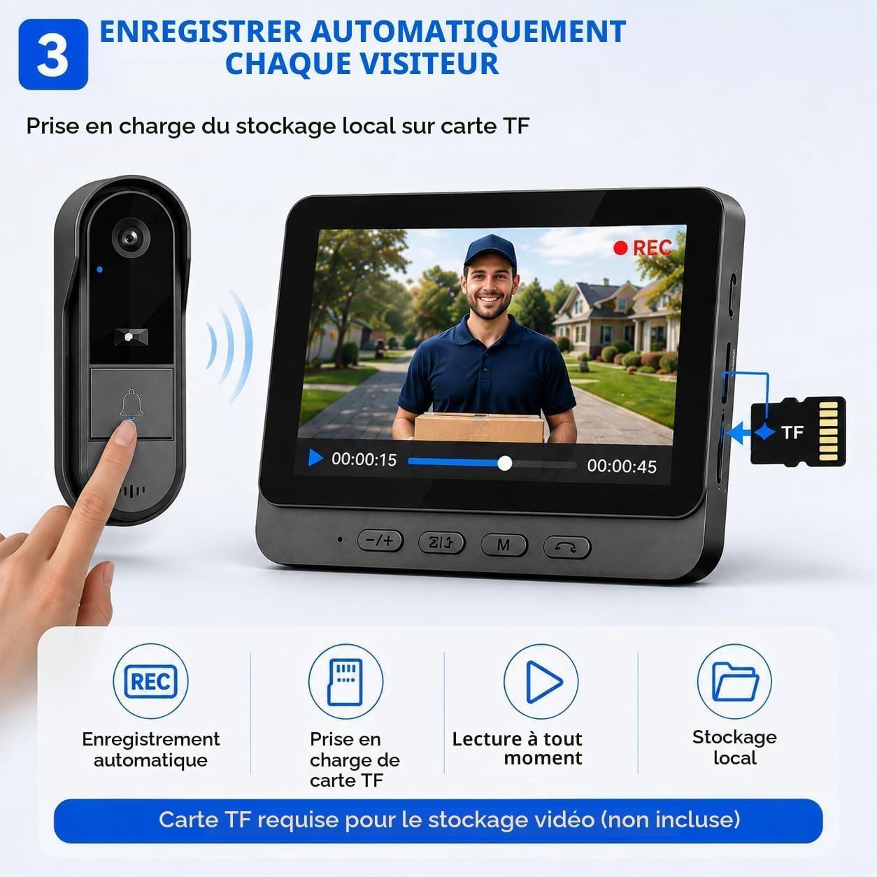 Winnes Video Campanello Senza Fili,Video Spioncino Digitale 1080P 4,3" Display Videocitofono Bidirezionale Visione Grandangolare a 170° Impermeabilità IP65,Visione Notturna Telecamera