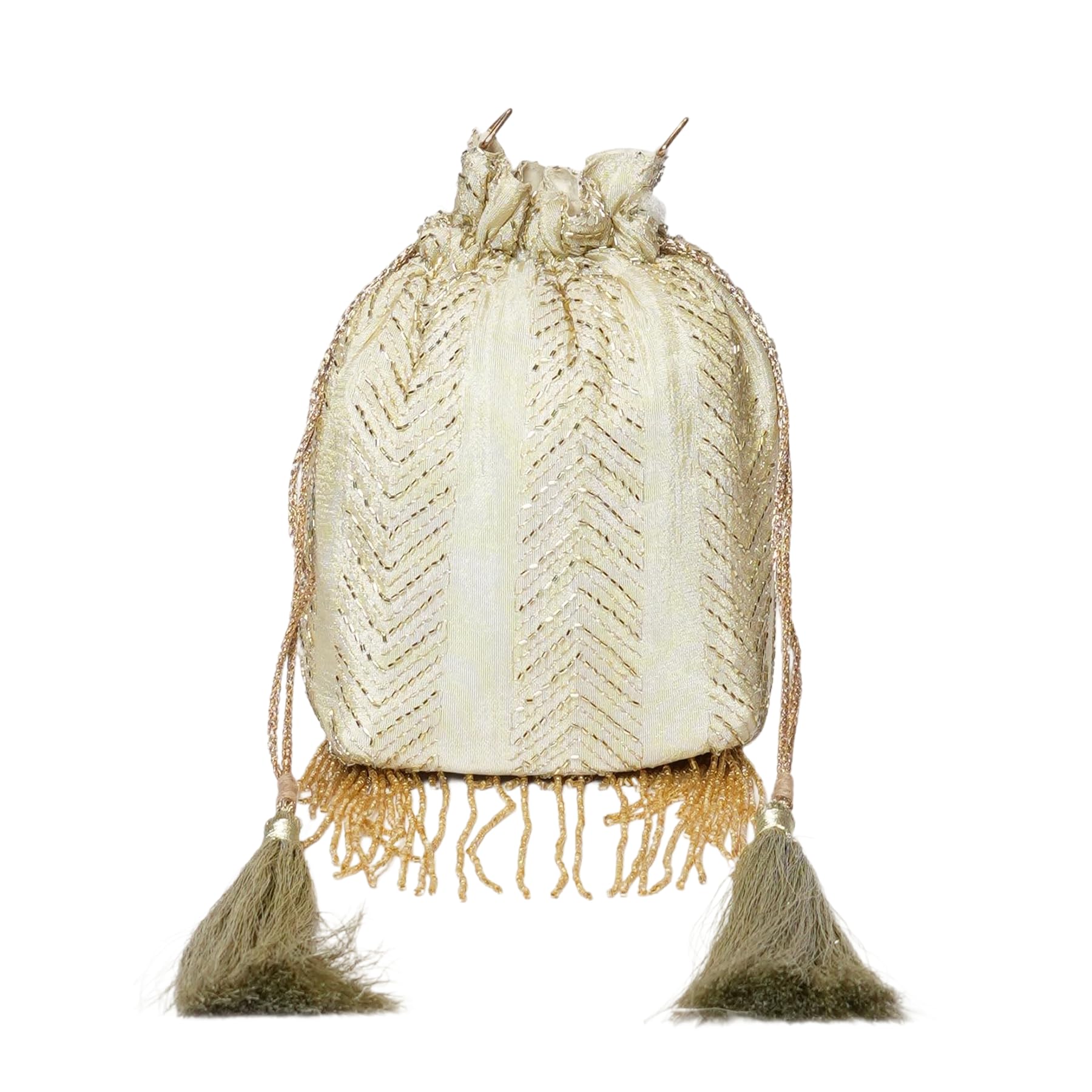 bonita voce Women’s Long Gold Tassel Potli Bag with Tissue Finish | Ethnic Handbag for Wedding, Festive & Special Occasions | White & Gold-picture-38
