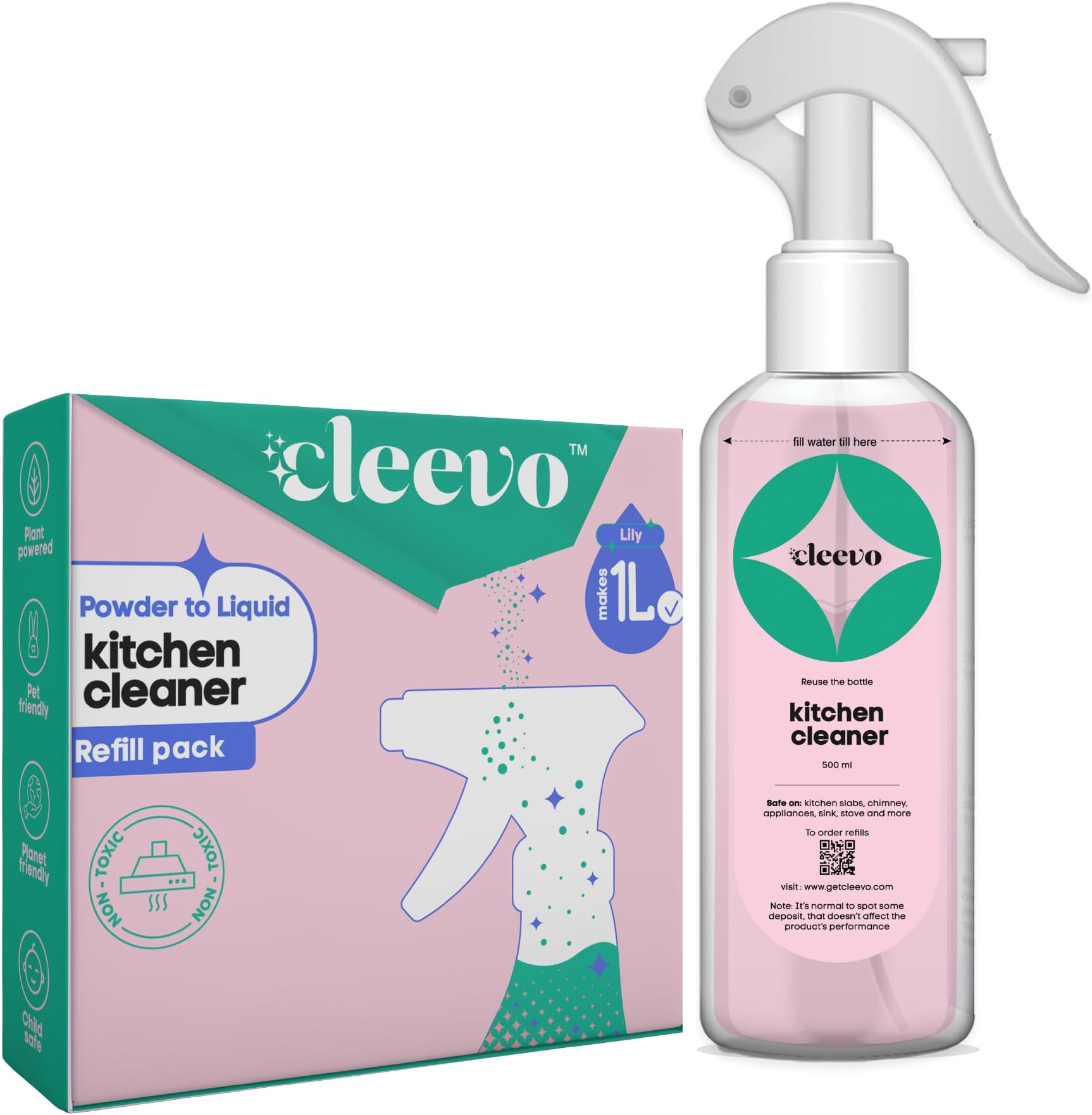 Cleevo Kitchen Cleaner Spray-Bottle Pack (1L) | Powder To Liquid Cleaning Spray for Kitchen Surfaces | Tough Stain Surface Cleaner | Ideal for Gas Stove, Countertop, Chimney for Oil & Grease Removal
