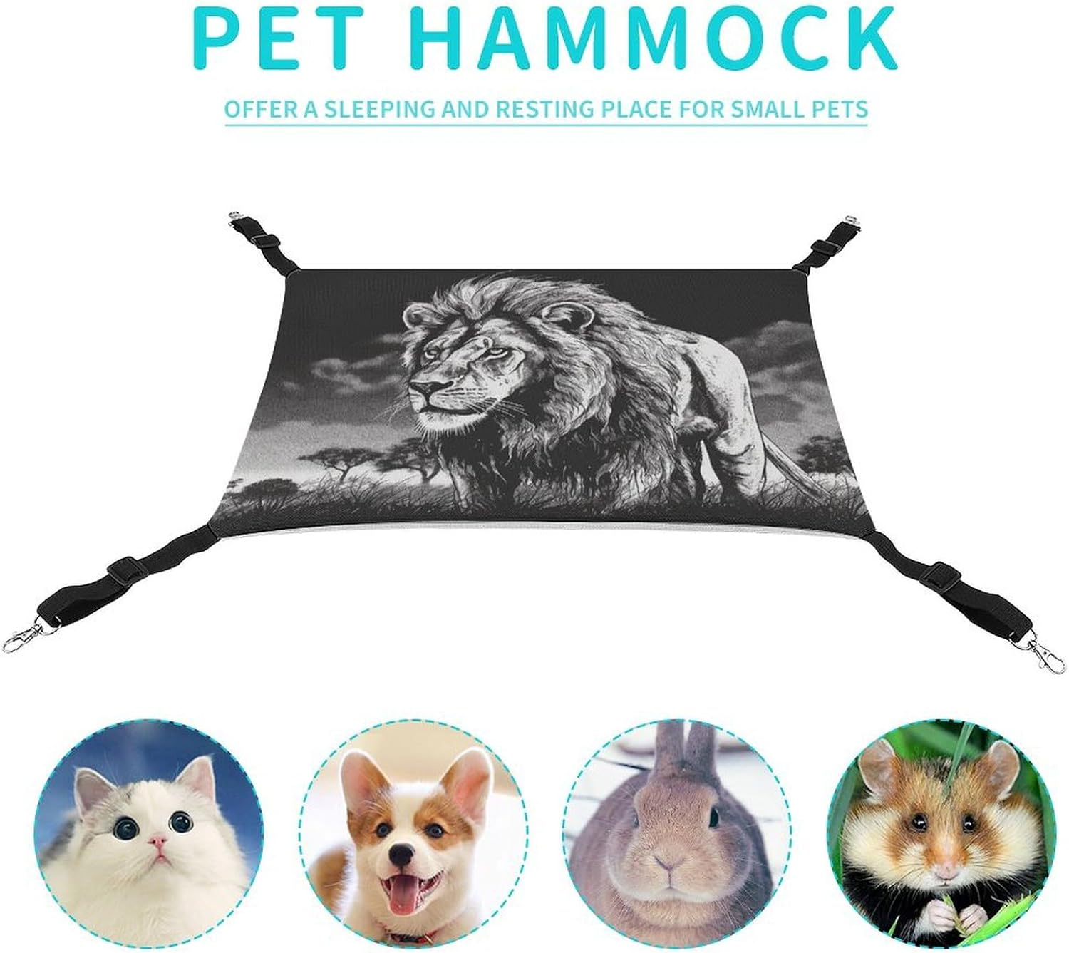 review Hanging Pet Hammock, Lion Black and White Illustration Printed Soft Breathable Pet Hammock with Adjustable Straps and Metal Hooks for Cats Small Dogs Rabbits Sugar Gliders